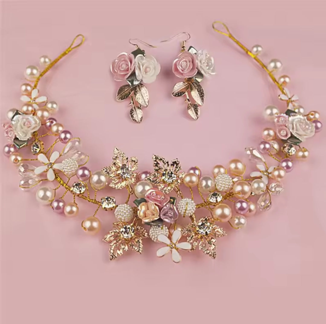 HAMDMADE FLORAL CROWN HEADBAND WITH EARRINGS