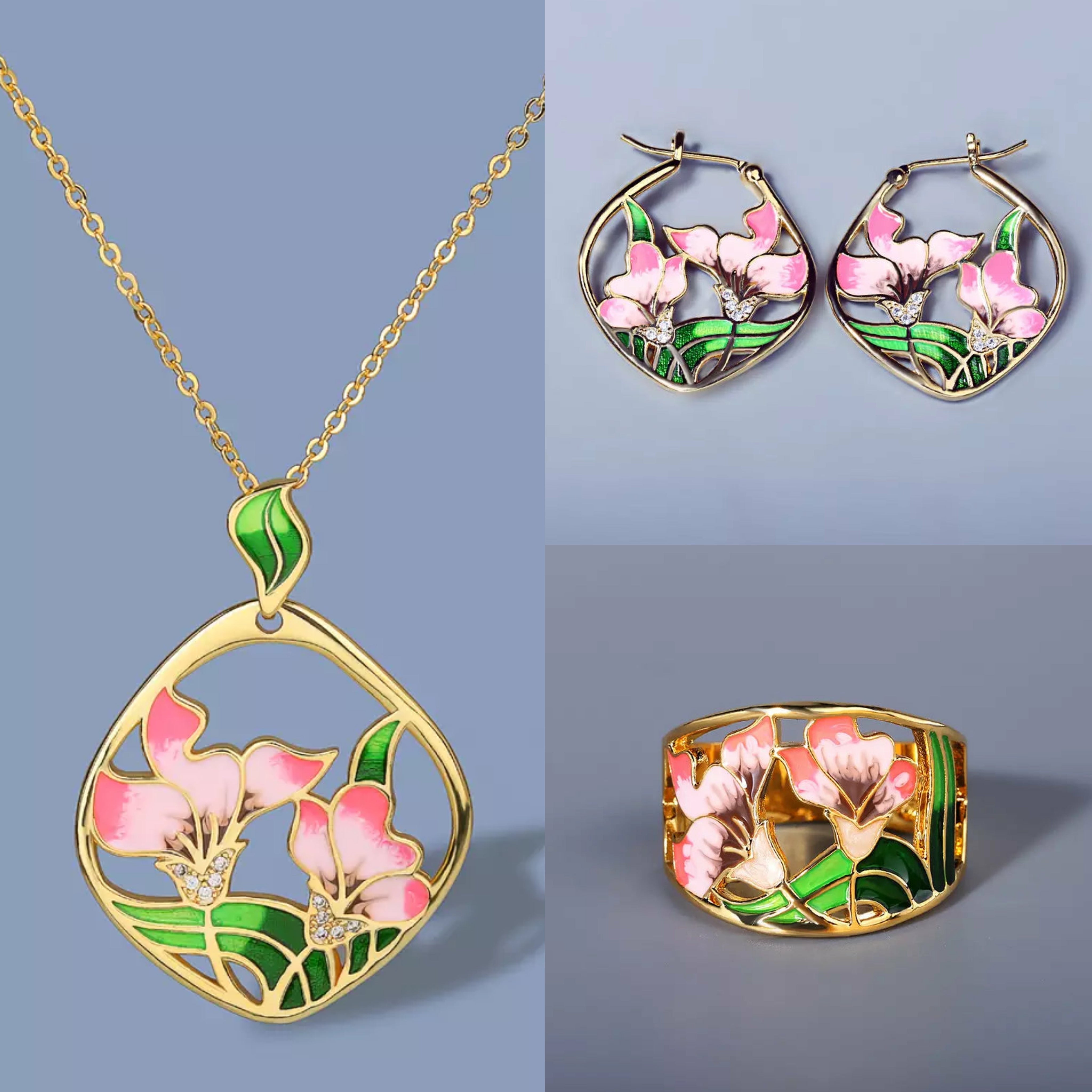 18K ENAMEL FLOWER SET