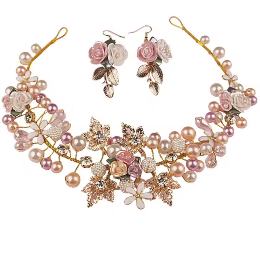 HAMDMADE FLORAL CROWN HEADBAND WITH EARRINGS
