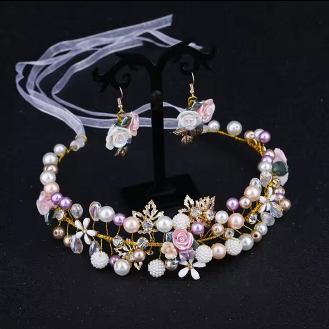 HAMDMADE FLORAL CROWN HEADBAND WITH EARRINGS