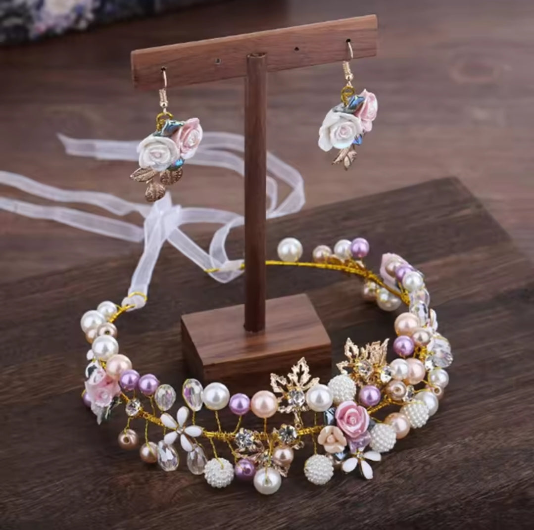 HAMDMADE FLORAL CROWN HEADBAND WITH EARRINGS